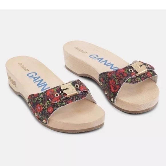 GANNI X Dr. Scholl Red Floral Slip on Low Heel Sandal Clogs Size 8 NEW - Picture 1 of 12